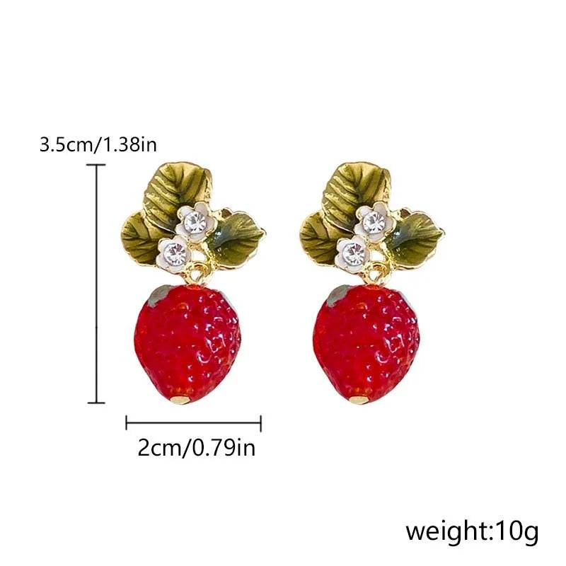 Delicate Red Strawberry Flower Drop Earrings for Women 3D Simulated Fruit Green Leaves Earrings Girls Jewelry Accessories