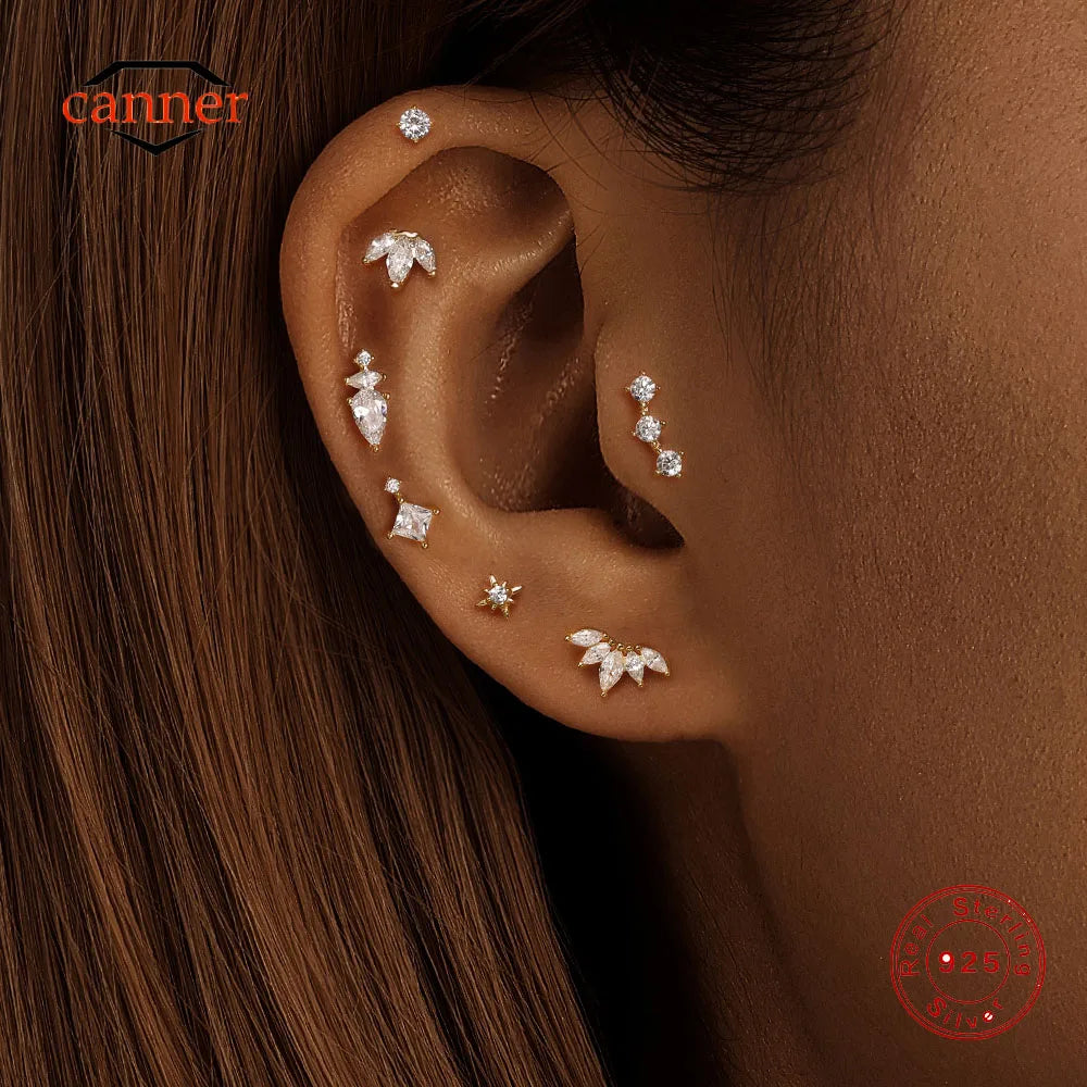 CANNER 1PC 925 Sterling Silver Crown Horse Eye Zircon Heart Flat Head Cartilage Piercing Stud Earring For Women Claasic Earring