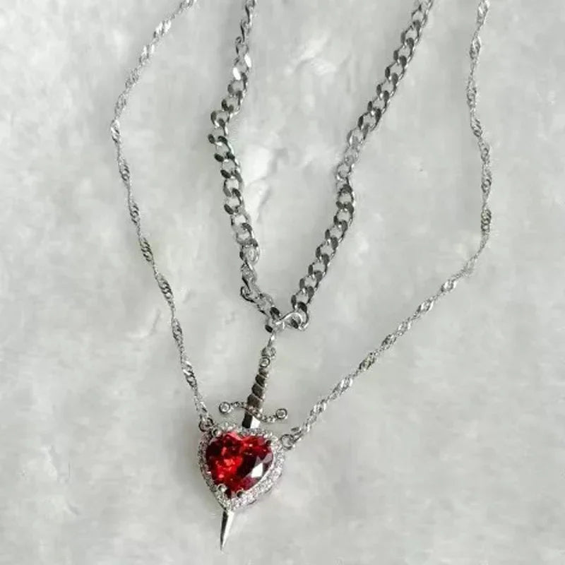 Heart & Sword Zircon Necklace (2pcs)