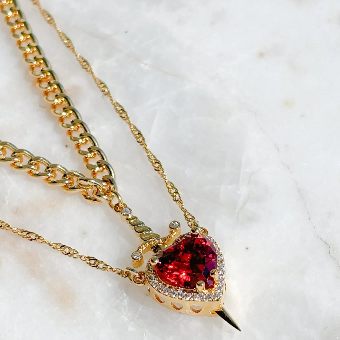 Heart & Sword Zircon Necklace (2pcs)