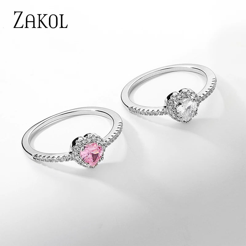 ZAKOL Romantic Pink Heart CZ Engagement Rings for Women Fashion AAA Cubic Zirconia Wedding Bands Jewelry Valentine's Day Gift