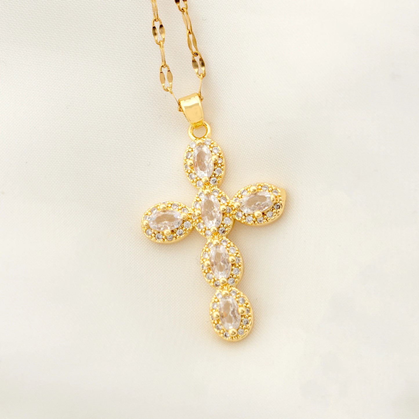 1 pearl shell inlaid zircon cross pendant for women's sexy style stainless steel plated 18k gold necklace