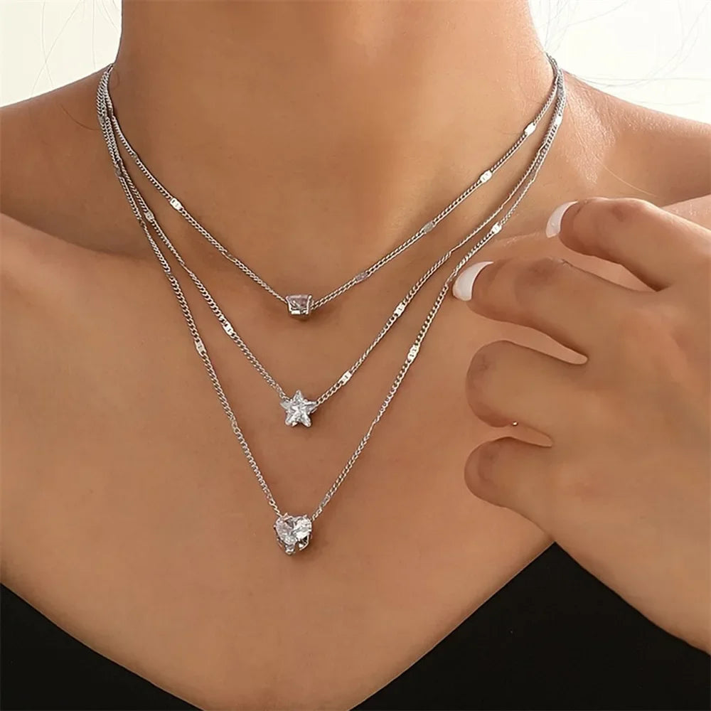 3Pcs/Set Vintage Shiny Rhinestone Love Heart Pendant Necklace for Women Simple Multilayer Thin Chain Choker Bridal Neck Jewelry