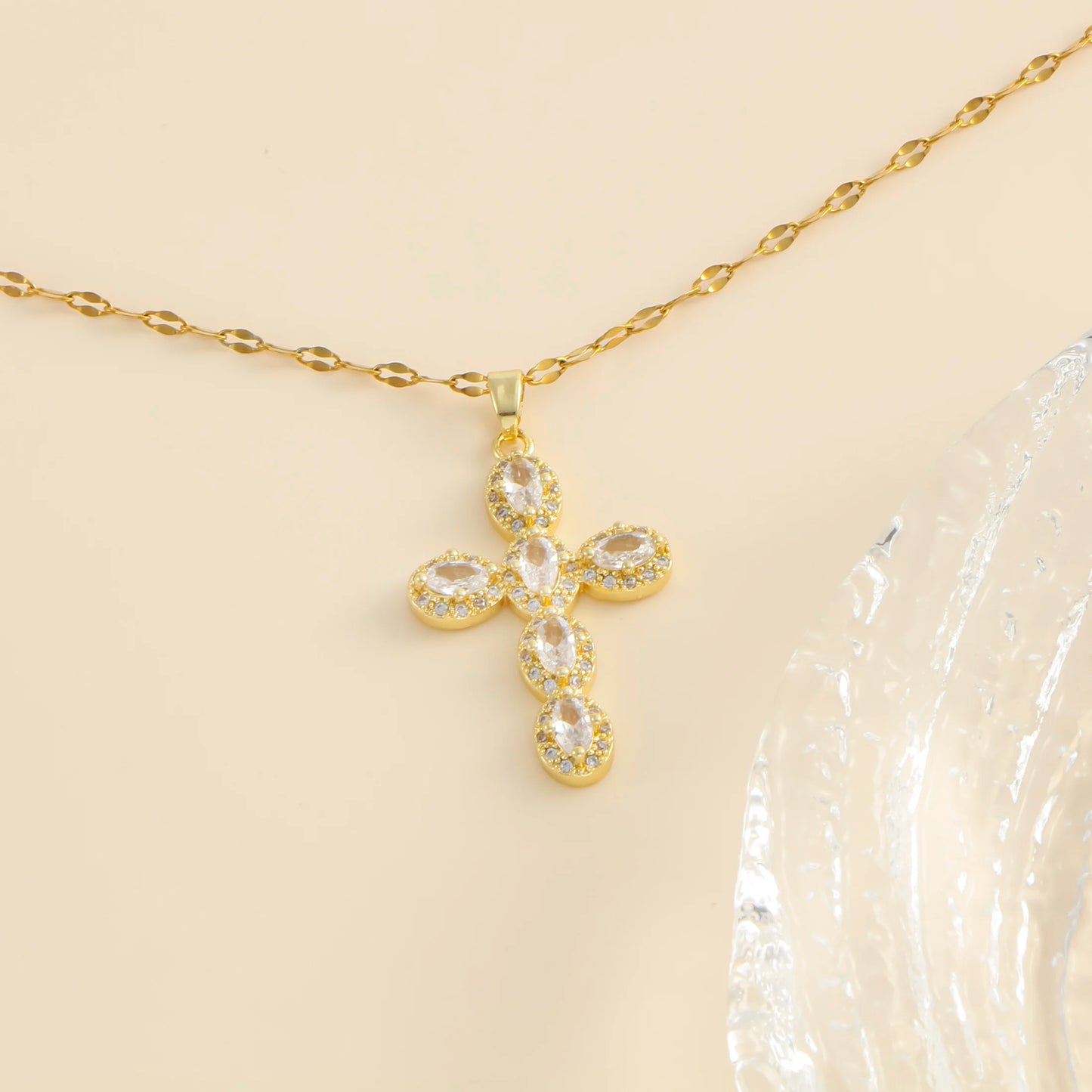 1 pearl shell inlaid zircon cross pendant for women's sexy style stainless steel plated 18k gold necklace