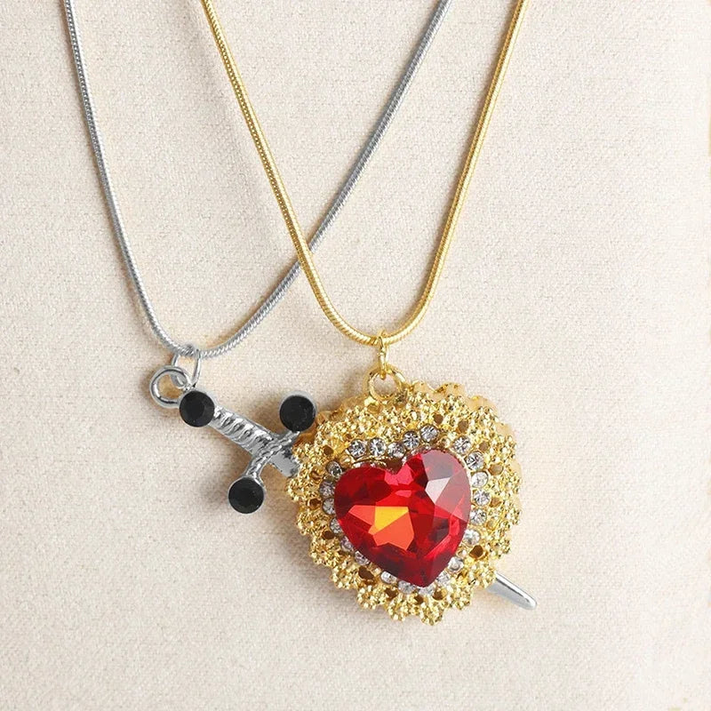 Heart & Sword Zircon Necklace (2pcs)