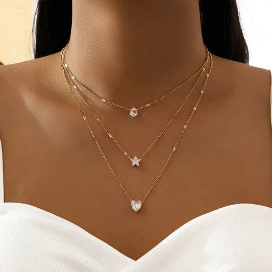 Rhinestone Heart Necklace (3Pcs Set)