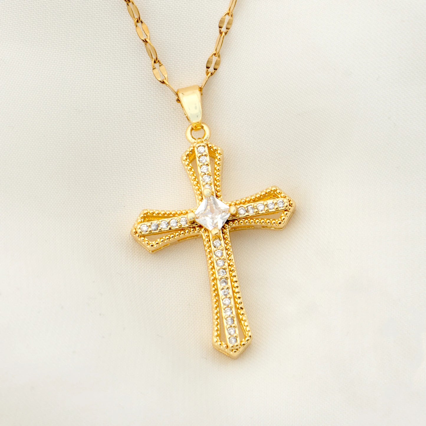 1 pearl shell inlaid zircon cross pendant for women's sexy style stainless steel plated 18k gold necklace