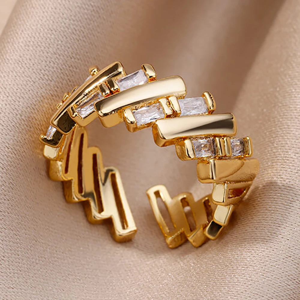 Fashion Gold Color Stainless Steel Rings For Women Chain Hollow Out Crystal Zircon Finger Ring Jewelry 2023 Gift anillos mujer