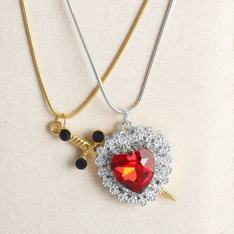 Heart & Sword Zircon Necklace (2pcs)