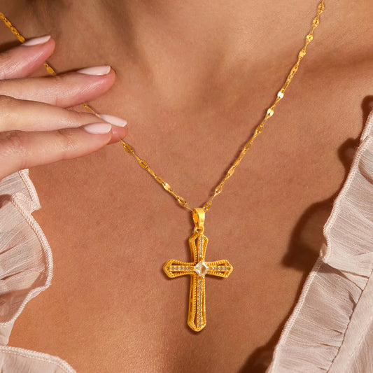 1 pearl shell inlaid zircon cross pendant for women's sexy style stainless steel plated 18k gold necklace