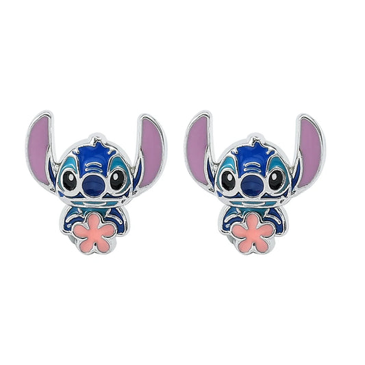 Disney-Cute Cartoon Stitch with Flower Stud Earrings for Women and Teen Girls, Lovely Ear Accessories, Jewelry Gifts for Fans