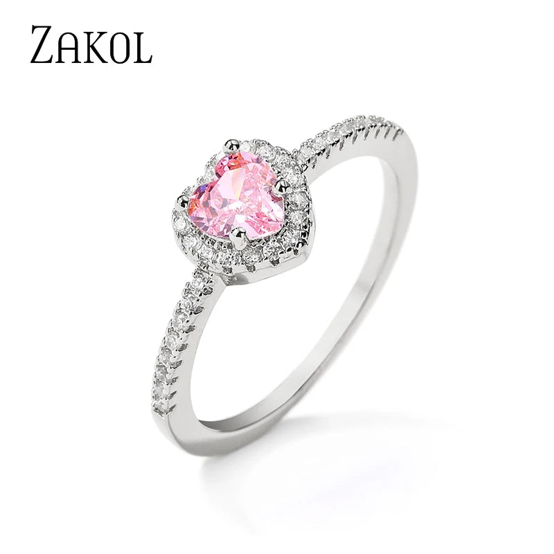 ZAKOL Romantic Pink Heart CZ Engagement Rings for Women Fashion AAA Cubic Zirconia Wedding Bands Jewelry Valentine's Day Gift