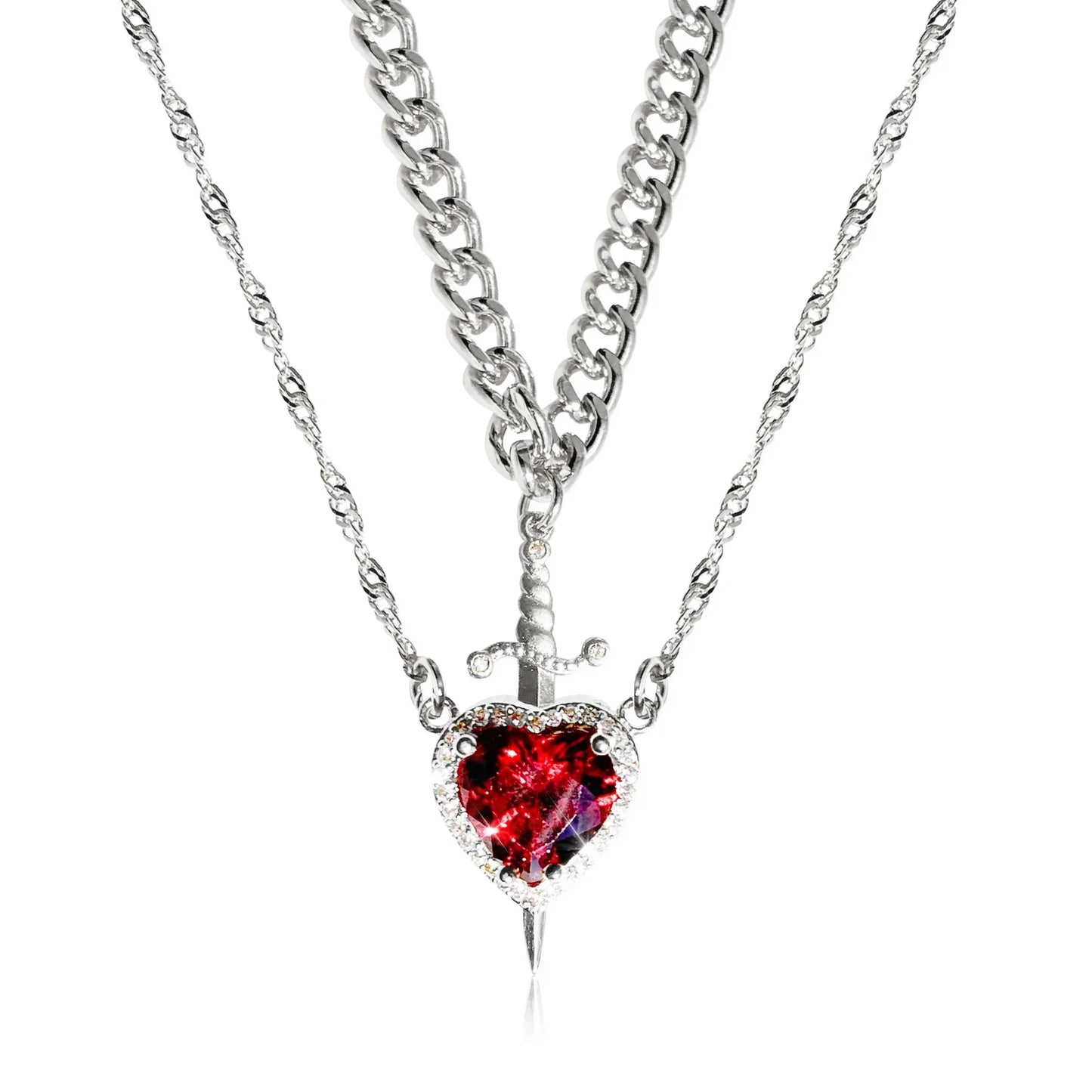 Heart & Sword Zircon Necklace (2pcs)