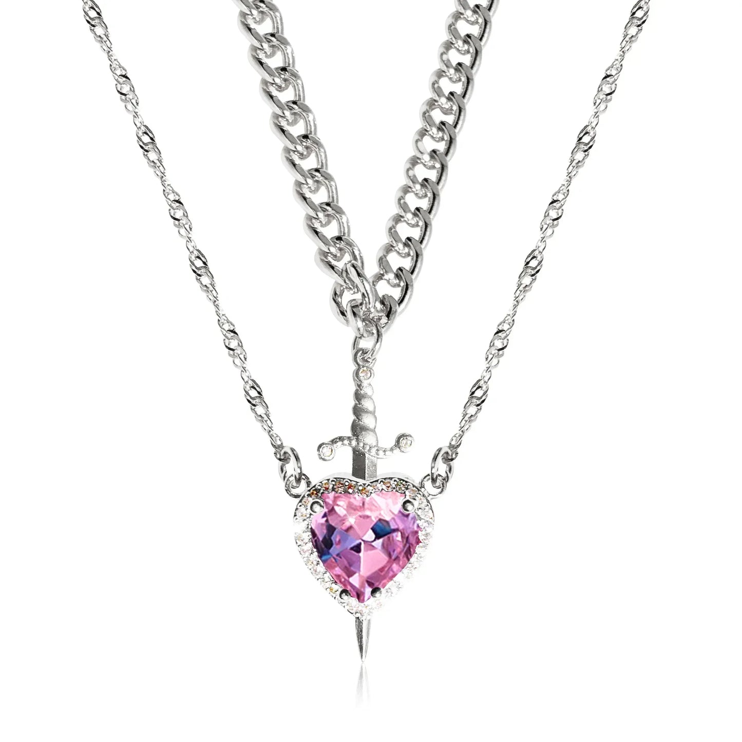 Heart & Sword Zircon Necklace (2pcs)