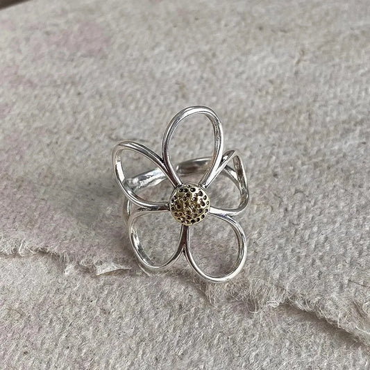 925 Sterling Silver Rings for Women Couple Minimalist Handmade Simple Big Flower Ring Party Jewelry Gift Prevent Allergy