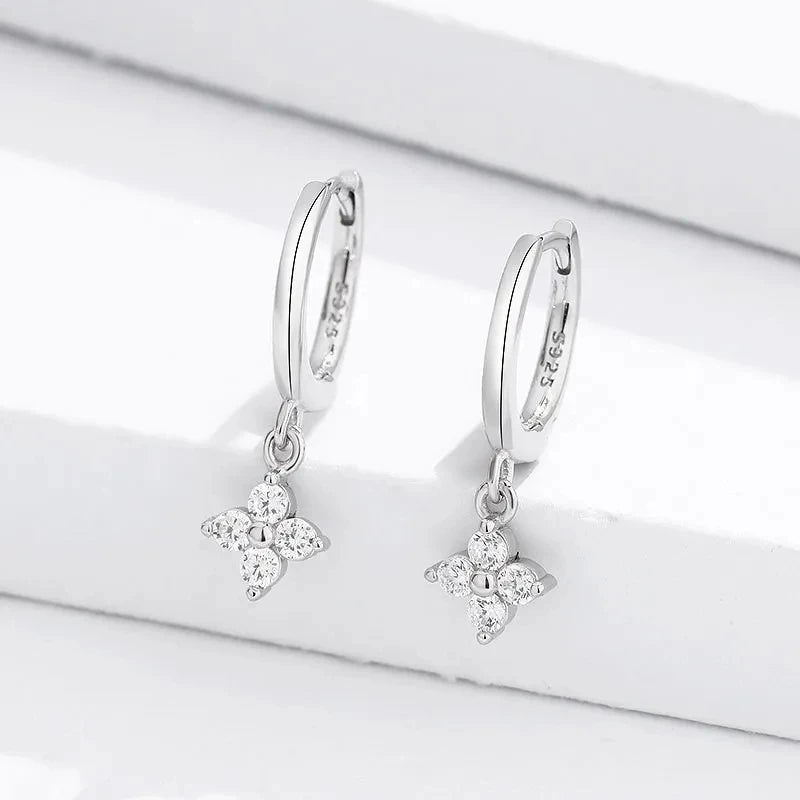 925 Silver Needle Zircon Four Leaf Hoop Earrings for Women Girls Fashion Huggies Party Wedding  Jewelry Gift eh190