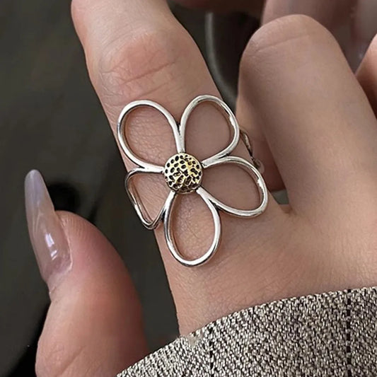 925 Sterling Silver Rings for Women Couple Minimalist Handmade Simple Big Flower Ring Party Jewelry Gift Prevent Allergy