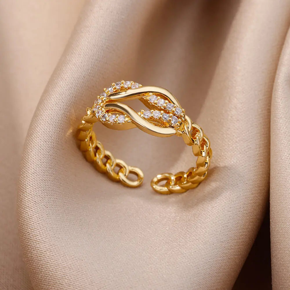 Fashion Gold Color Stainless Steel Rings For Women Chain Hollow Out Crystal Zircon Finger Ring Jewelry 2023 Gift anillos mujer